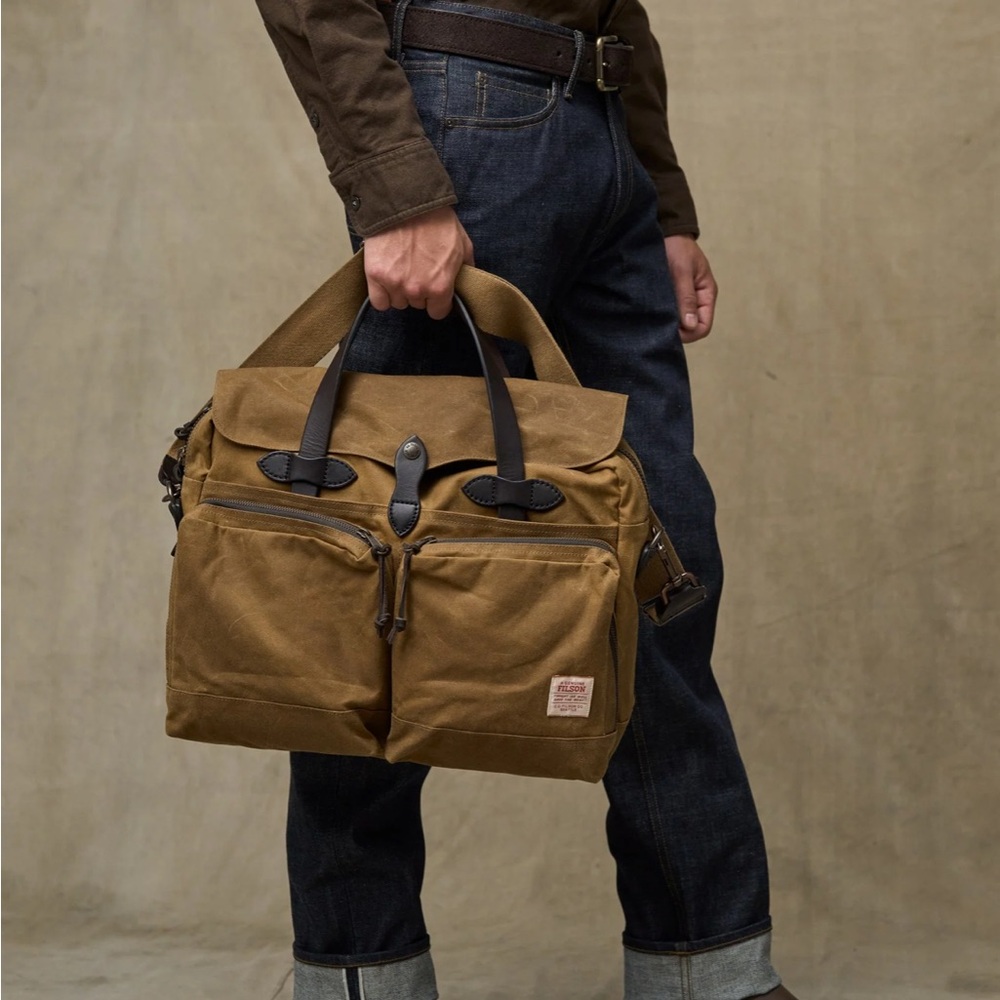 Filson Tan Waxed Canvas Briefcase with Dark Brown Leather Trim